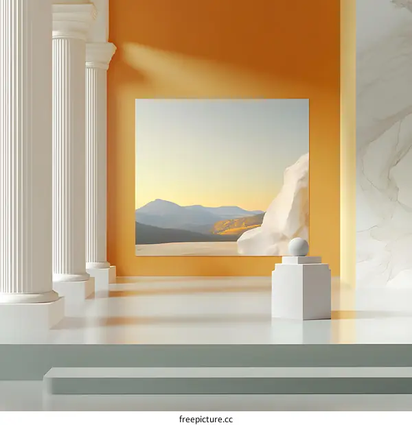 Minimalist Interior Design with White Columns and Mountain View