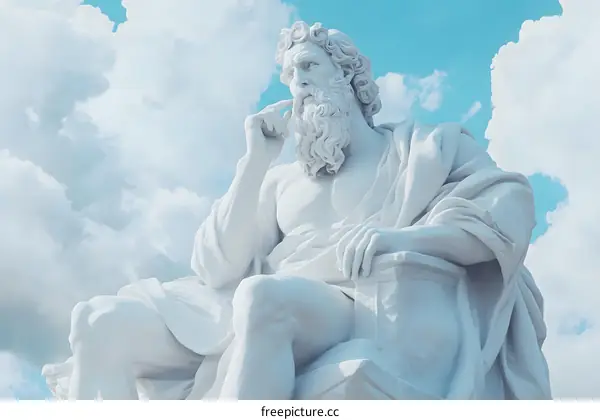 White Marble Statue of a Man with a Beard Sitting on a Stone Bench Against a Blue Sky with White Clouds