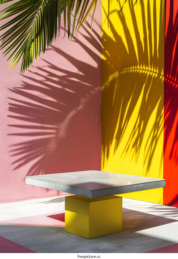 Minimalist Table With Palm Shadow on Colorful Wall