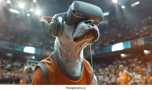 Dog Wearing Virtual Reality Headset At Basketball Game