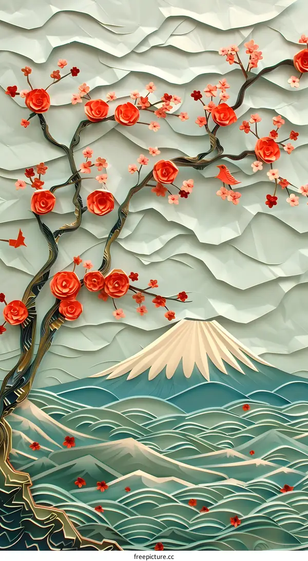 Mount Fuji with cherry blossoms and red roses