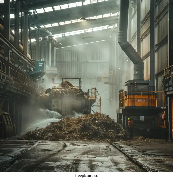 Sugarcane being processed in a factory
