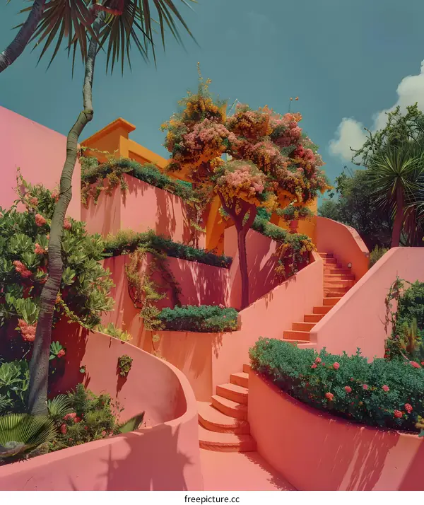 Pink Walls and Steps in a Lush Garden