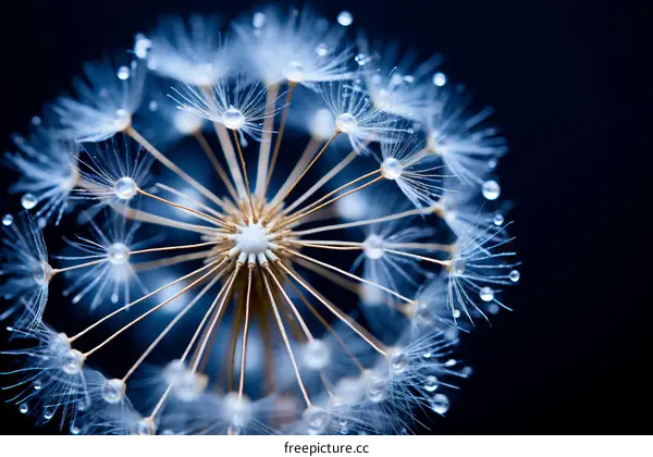 Stunning close up of dandelion seeds with water drops