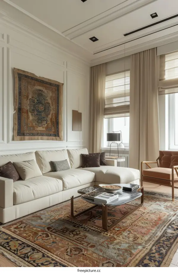 Stylish Living Room with Modern Beige Sofa and Vintage Rug