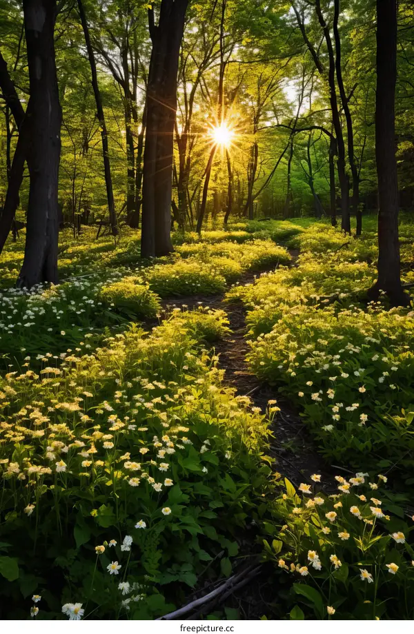 The sun shines through the forest