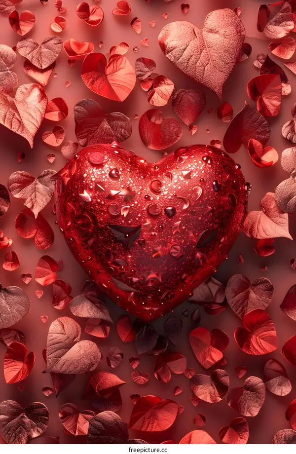 A red heart-shaped gemstone surrounded by red leaves