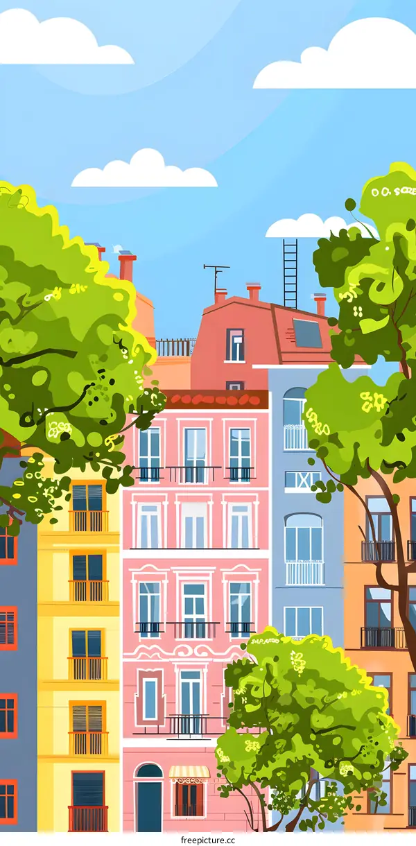 Colorful Buildings with Green Trees and Blue Sky