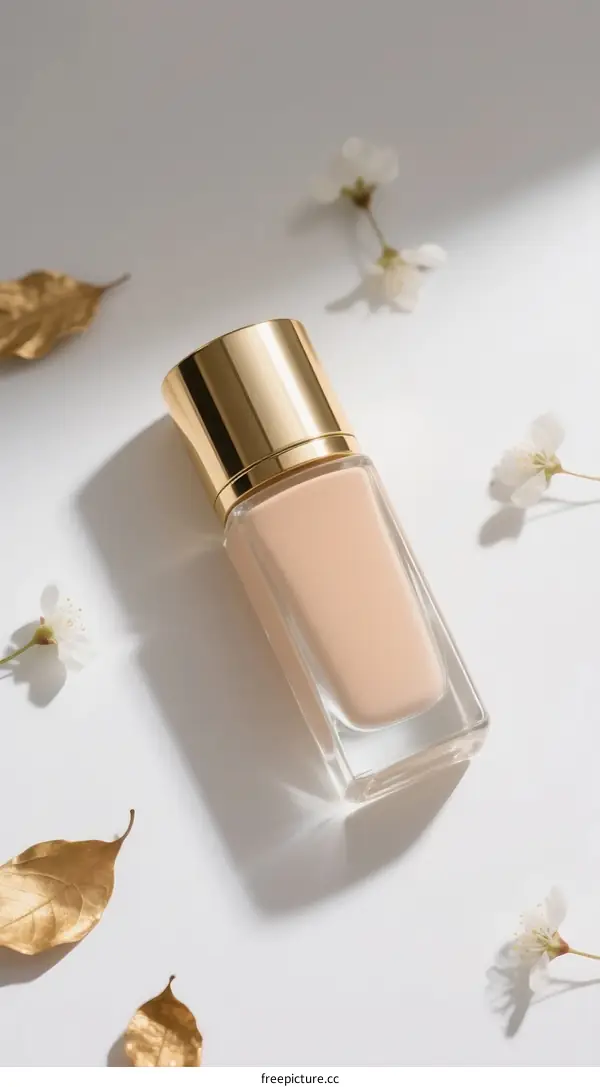 Bottle of liquid foundation with golden cap and flowers