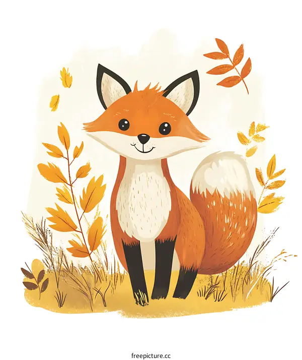 Cute Cartoon Fox With Autumn Leaves Illustration
