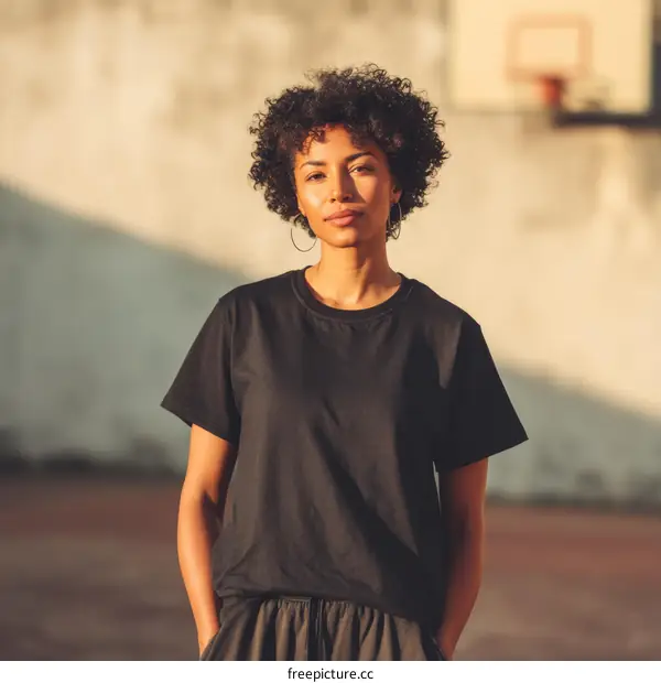 Outdoor Portrait of a Black Woman in a Black T-Shirt