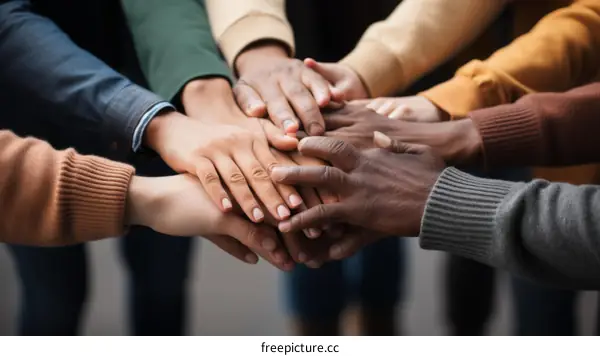 Multiracial group of people joining hands together in unity and support