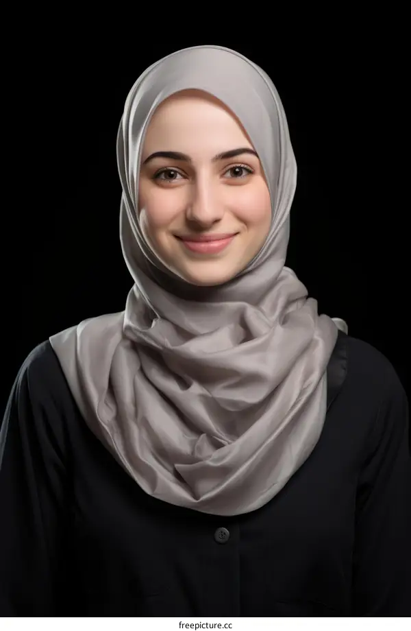 A young woman wearing a light grey hijab smiles at the camera