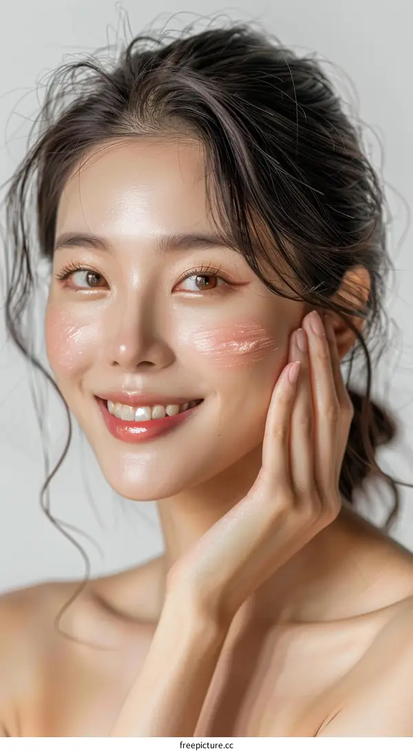 Asian woman applying pink cream on her face