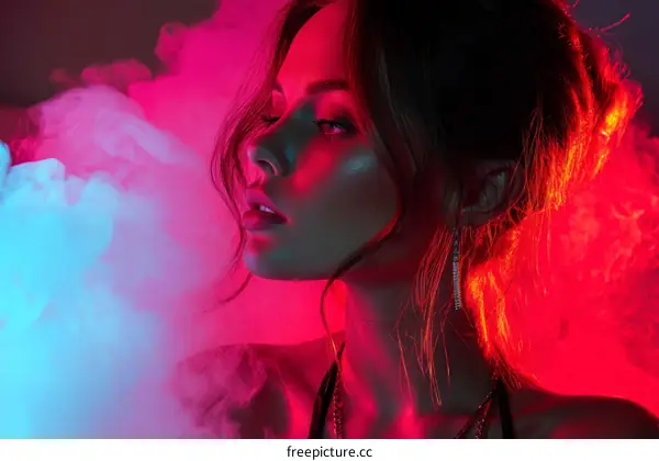 Neon Light Portrait of a Caucasian Woman