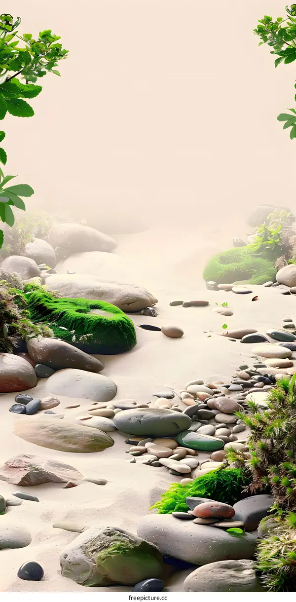 Zen Garden with Green Moss and Smooth Stones