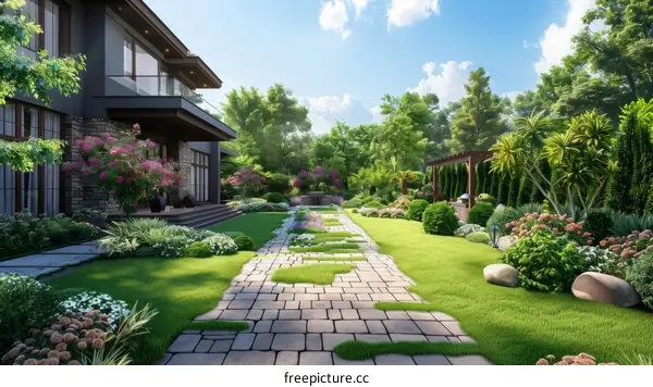 Modern Architectural Home in Lush Garden with Stone Walkway