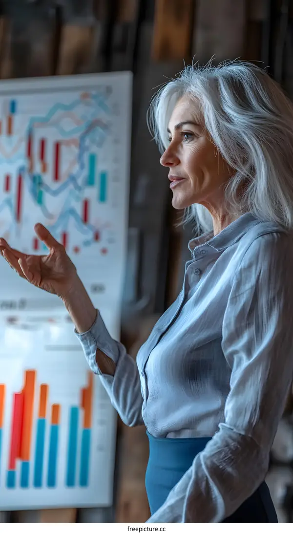Businesswoman Giving Presentation While Standing Near Whiteboard With Charts