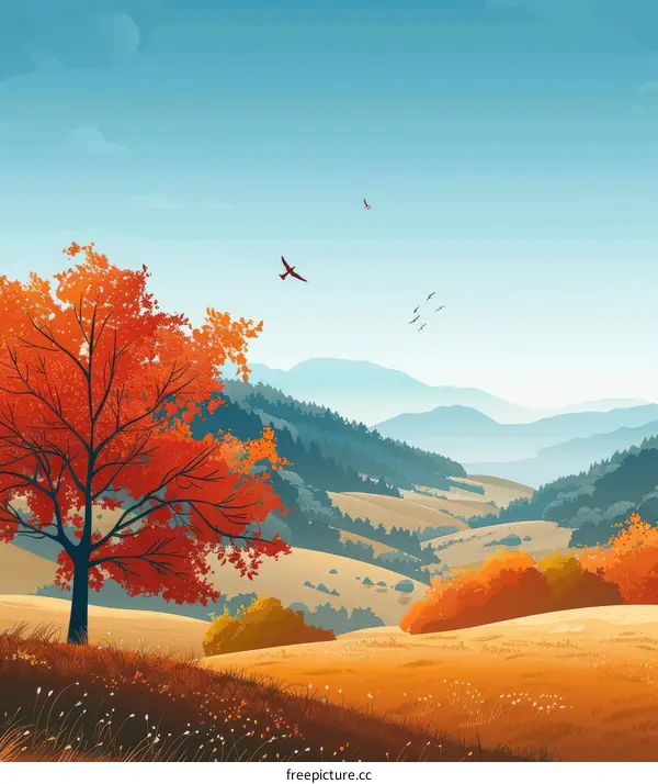 Autumn Mountain Landscape with Red Tree