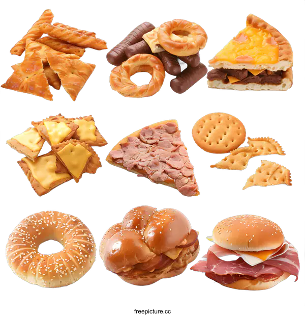 [Transparent Background PNG]Assortment of Bakery and Fast Food Items Isolated on White Background