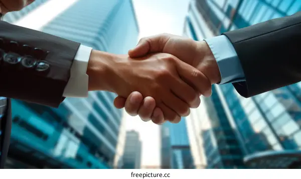 Businessmen shaking hands with a skyscraper in the background