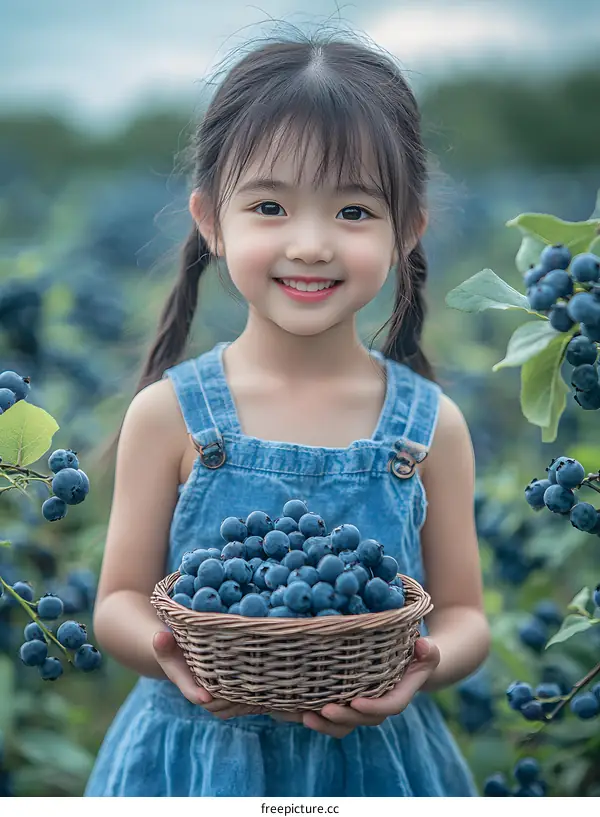 Smiling Asian Girl Holding Basket of Blueberries