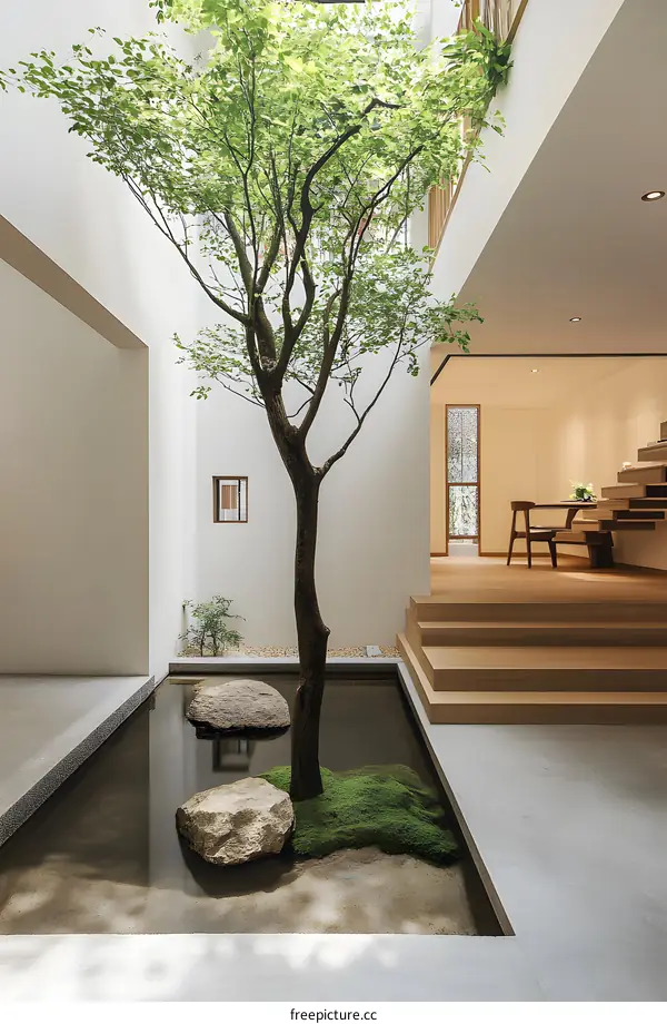 Modern Minimalist Interior Design with Tree in a Small Garden