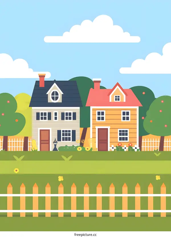 Cartoon Illustration of Two Houses with a Fence