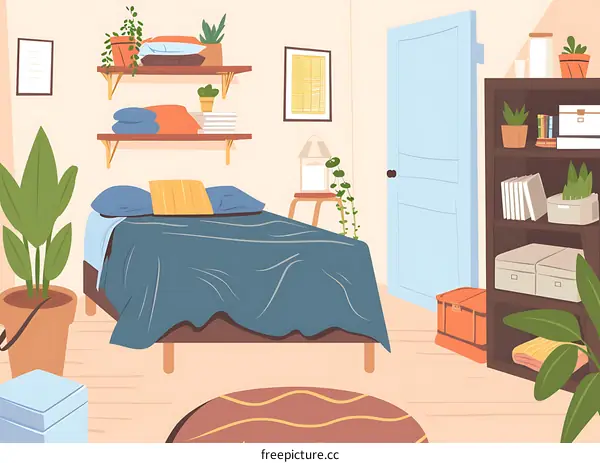 Modern Minimalist Bedroom Interior Design with Bed and Shelving