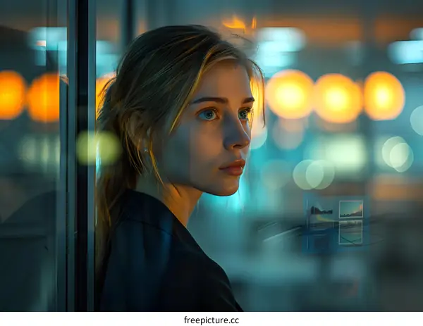 Portrait of a beautiful blonde woman looking out a window at night