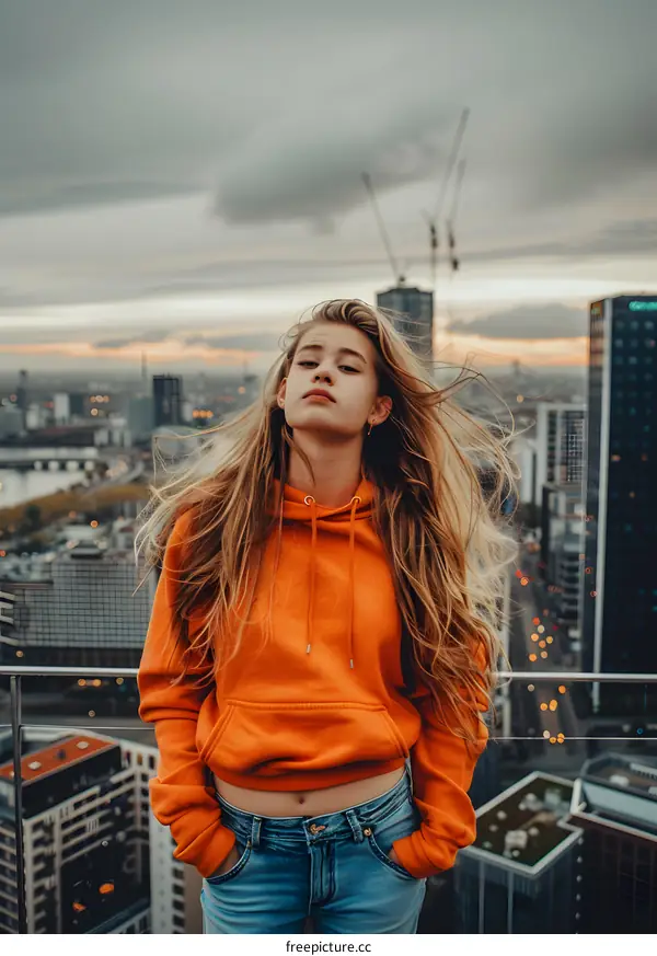 Young Woman in Orange Hoodie Standing on Rooftop with City Skyline in Background