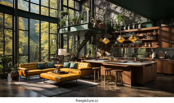 Modern house interior design with large windows and open floor plan