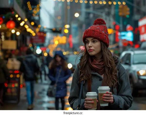 A young woman is walking down a busy street in New York City.