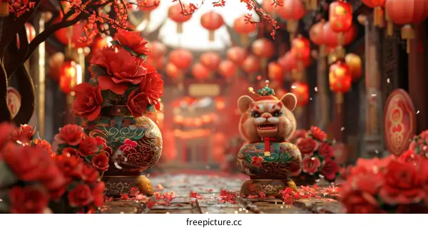 A cute cartoon tiger mascot stands in a festive Chinese New Year street