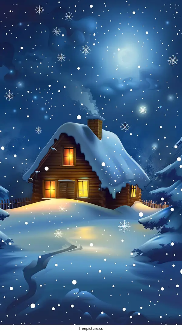 Winter Night Cabin Illustration with Falling Snow