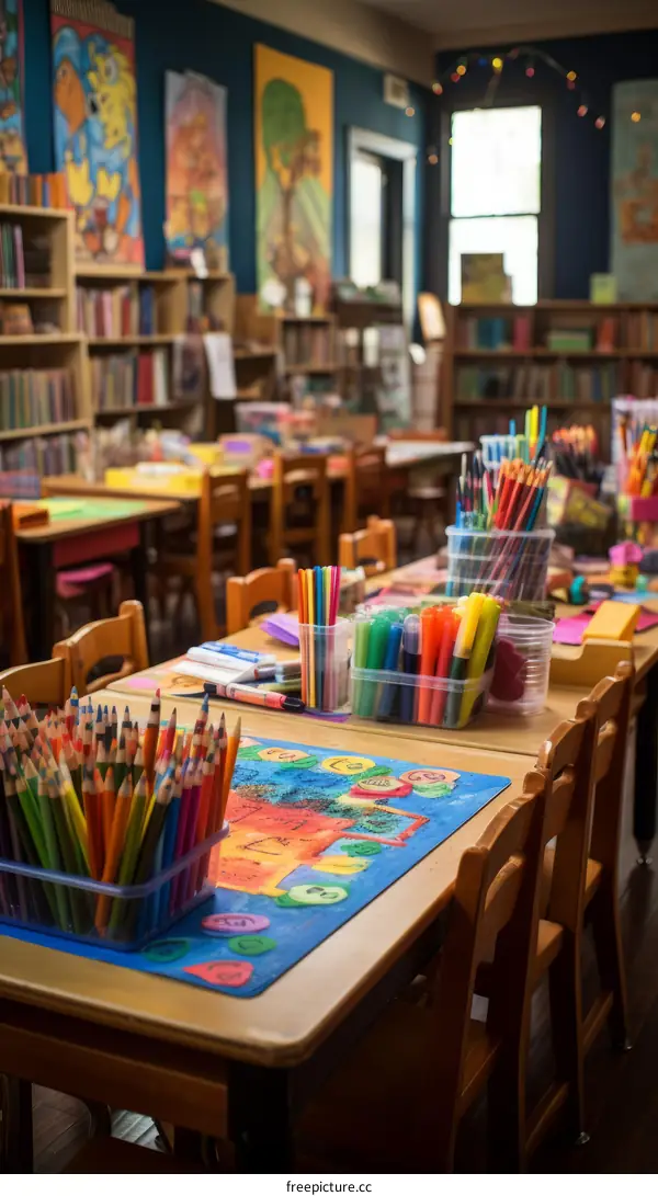 An elementary classroom is prepared with art supplies and books.