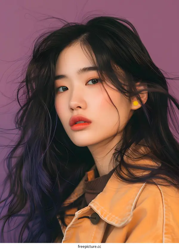 Asian Woman with Long Black Hair and Yellow Earrings