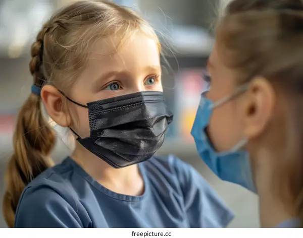 Little girl with blonde hair wearing a black mask looking at her mom