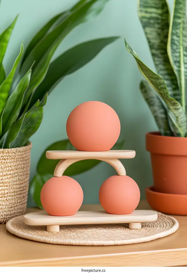 Wooden Stand With Three Pink Balls Decor