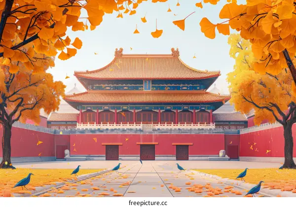 Illustration of the Forbidden City in autumn