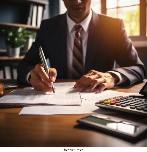 Businessman working on paperwork in office