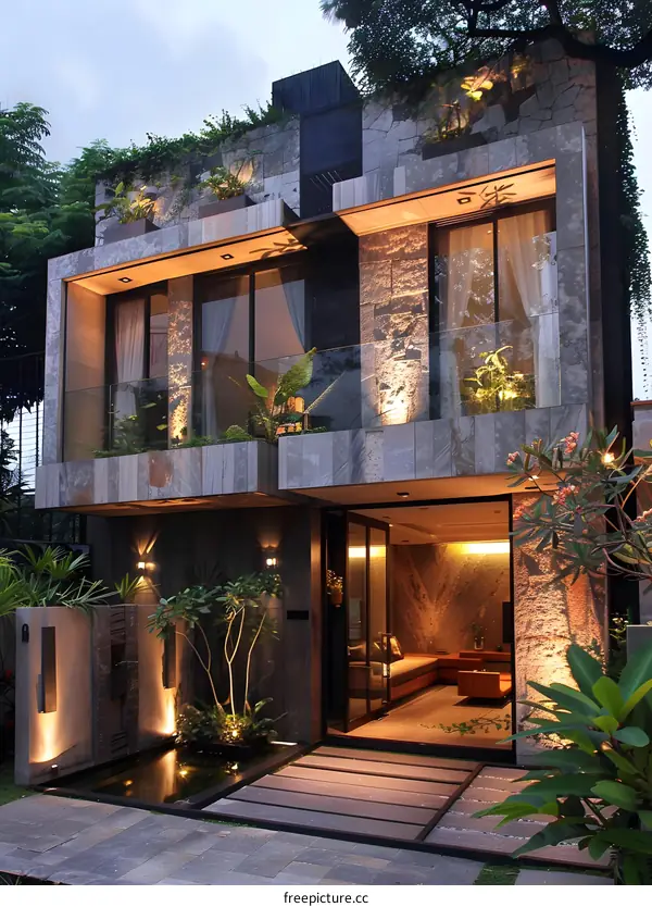 Modern Home Exterior With Stone Facade And Small Garden