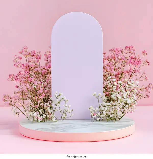 White and Pink Flowers on Pink Background with Purple Blank Card