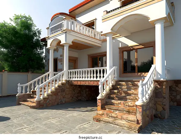 White Columns and Stone Steps Leading to Modern Home