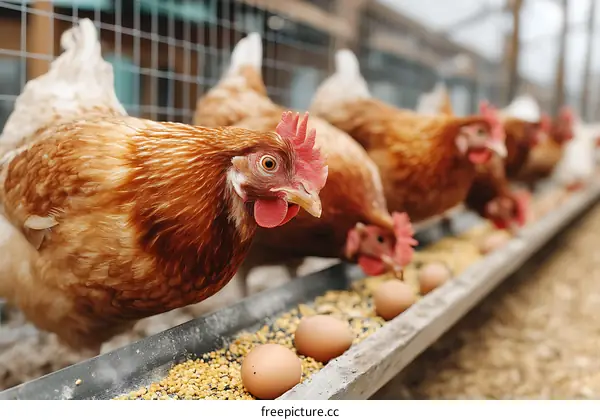 Brown Hens Feeding on Feed in Poultry Farm