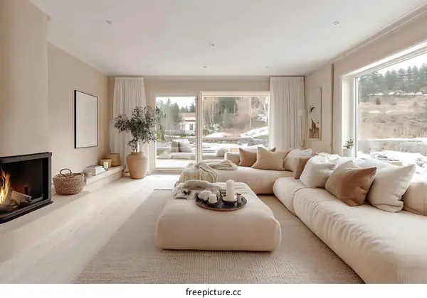 Cozy Beige Living Room with Fireplace and Big Windows
