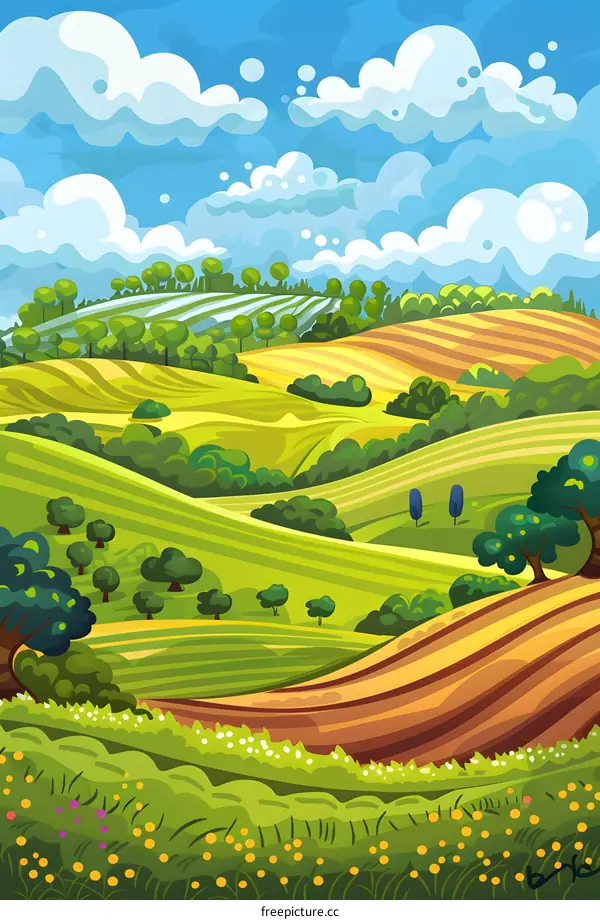 Green Meadow Landscape with Rolling Hills and Clouds