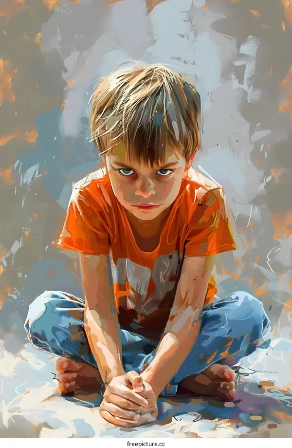 Angry Young Boy Sitting on The Ground With His Hands Crossed