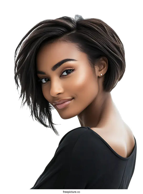 [Transparent Background PNG]Beautiful African American Woman with Short Hair Looking Over Shoulder
