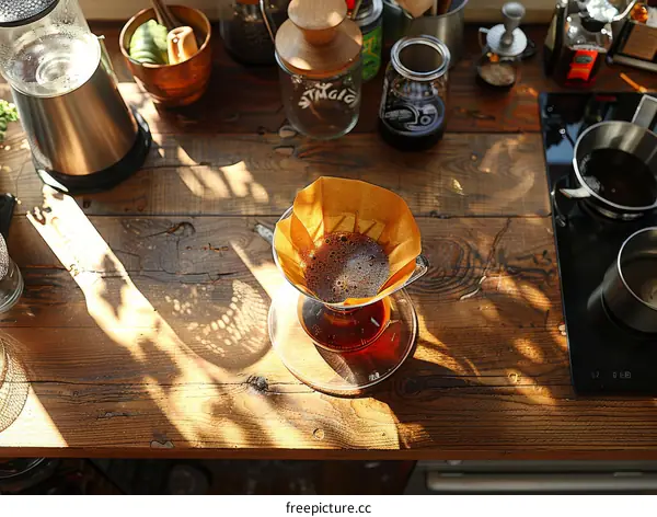 Making Coffee by Pouring Hot Water over Coffee Grounds in a Filter